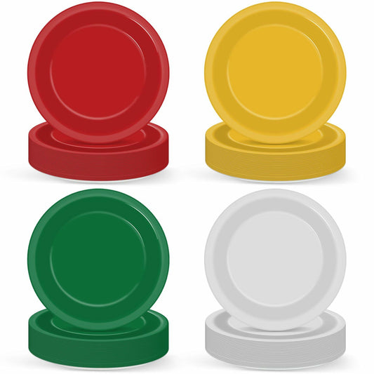 Red green gold and white holiday party plates, 100 pack